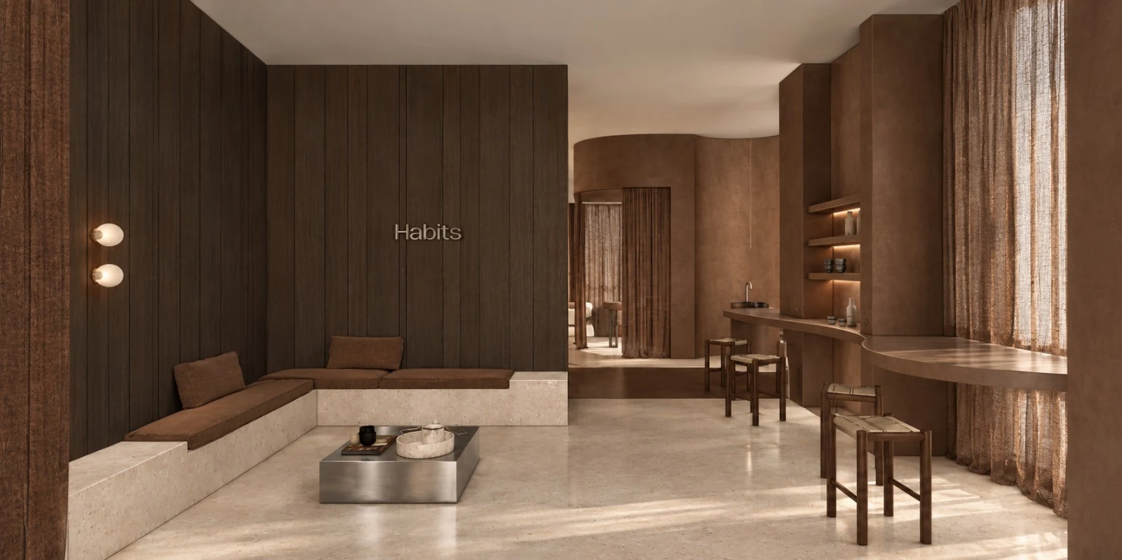 Interieurconcept voor Habits Veurne met houten wanden, terracotta tinten en een zithoek in het daglicht